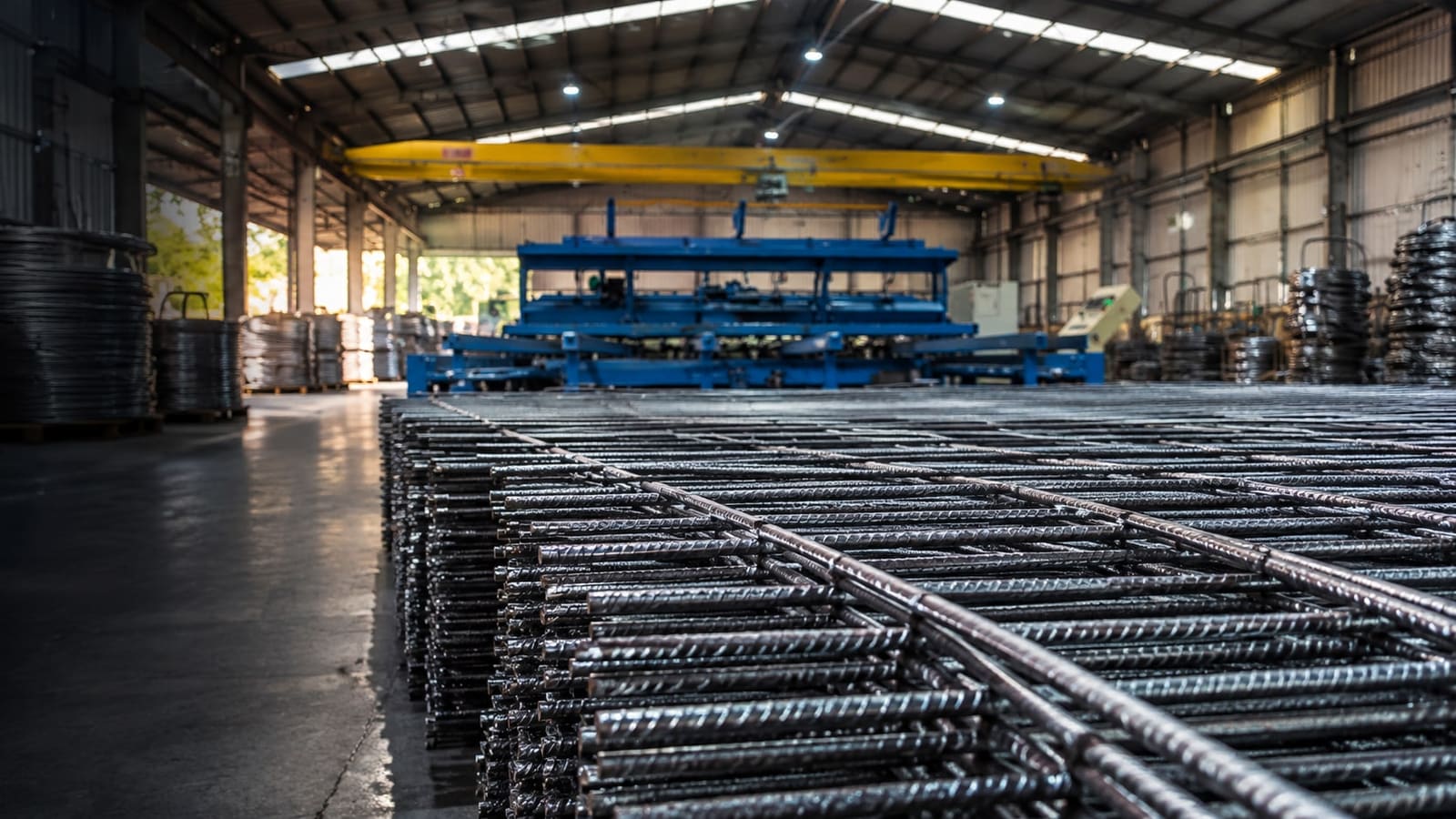 Interior da fábrica da Bonamigo Ferro e Aço com telas e vergalhões